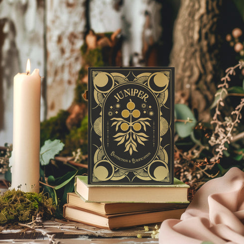 Juniper-themed greeting card featuring a gold design on a black background with celestial and botanical motifs. The text reads: 'Protection & Purification.' The inside message explains the magical and spiritual significance of juniper, including rituals for New Year's Eve and the first full moon, focusing on protection and purification practices.